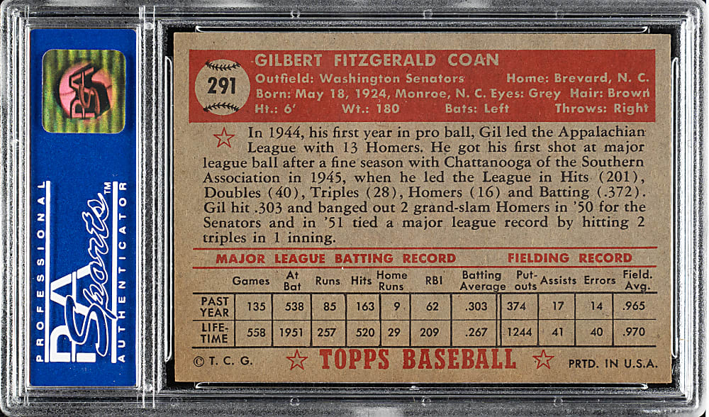 1952 Topps #291 Gil Coan PSA NM 7
