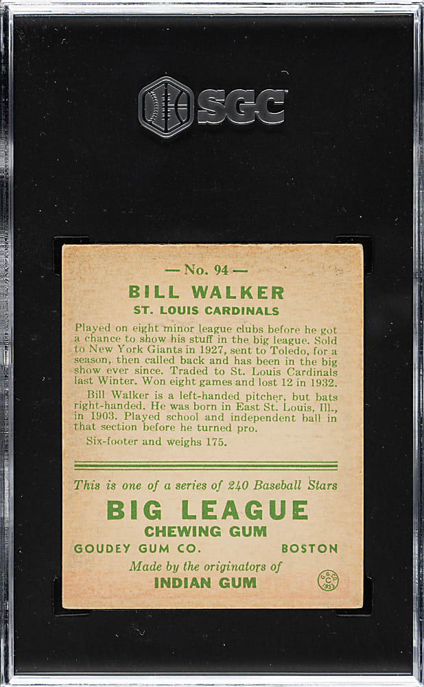 1933 R319 Goudey #94 Bill Walker SGC EX 5