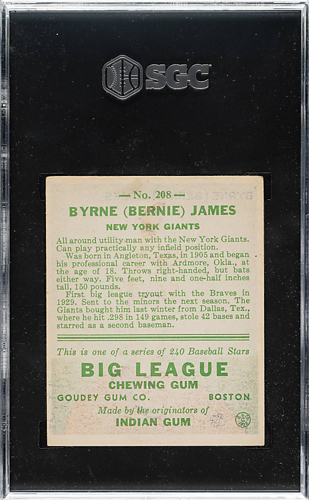 1933 R319 Goudey #208 Bernie James SGC EX 5