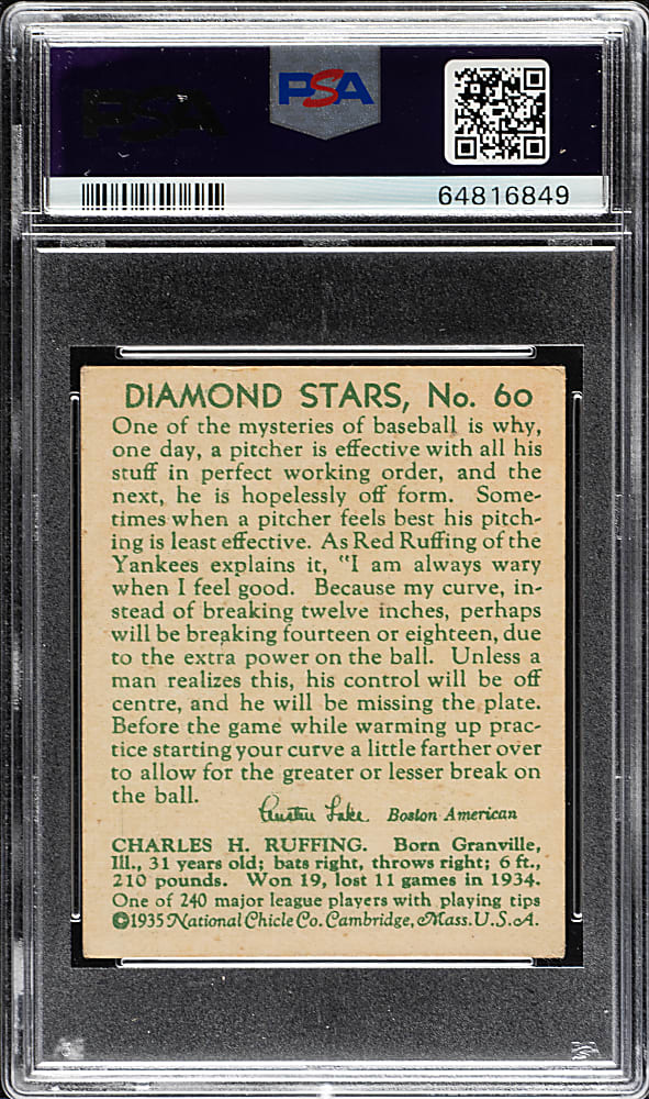 1934-1936 R327 Diamond Stars #60 Red Ruffing PSA VG-EX 4