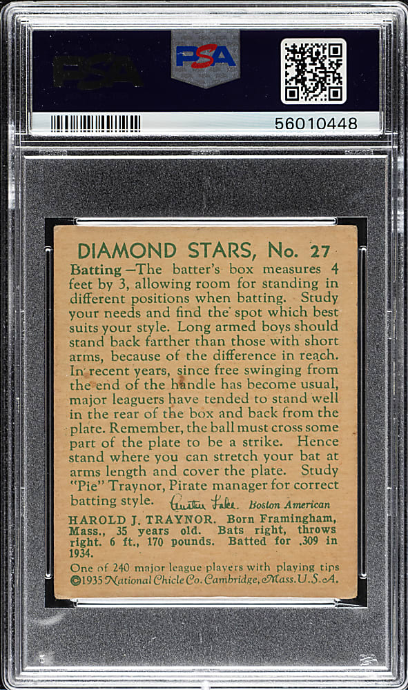 1934-1936 R327 Diamond Stars #27 Pie Traynor PSA VG 3