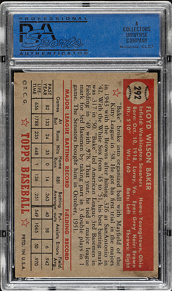 1952 Topps #292 Floyd Baker PSA NM-MT 8