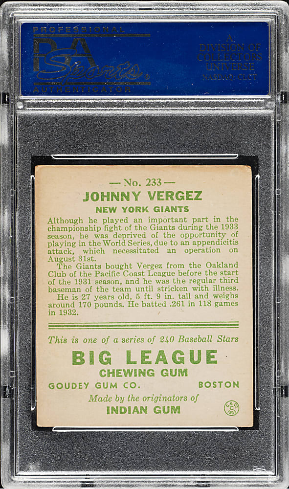 1933 R319 Goudey #233 Johnny Vergez PSA VG-EX 4