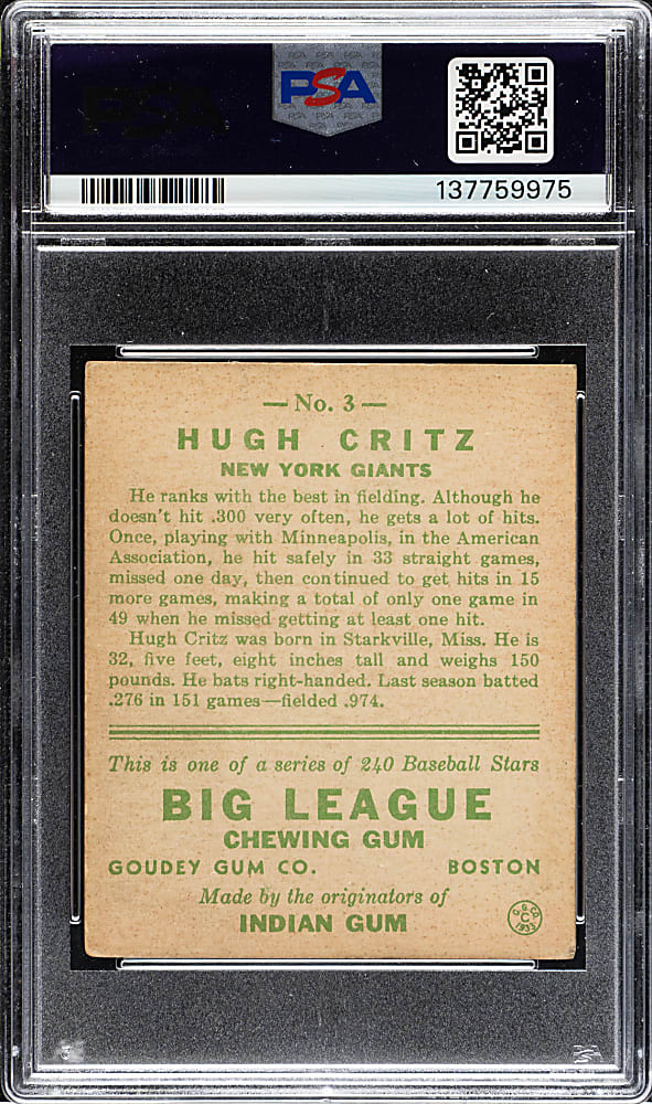 1933 R319 Goudey #3 Hugh Critz PSA VG 3