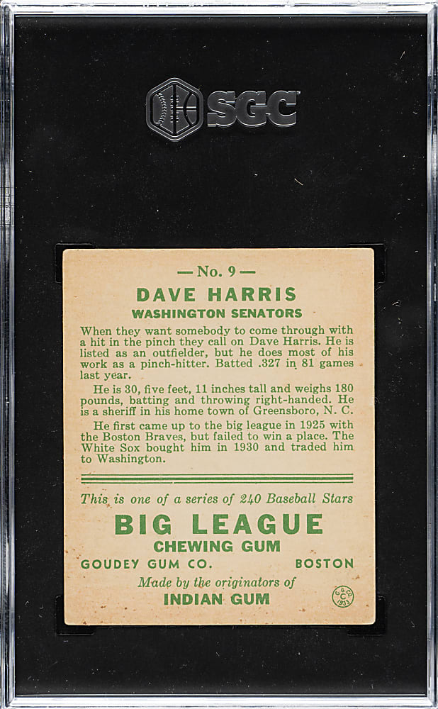 1933 R319 Goudey #9 Dave Harris SGC VG/EX+ 4.5