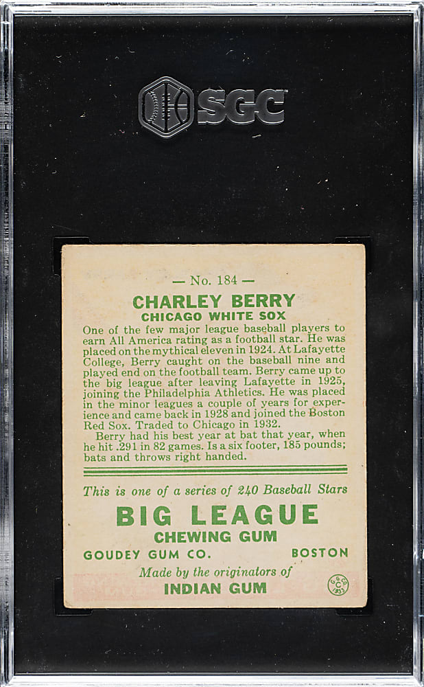 1933 R319 Goudey #184 Charley Berry SGC VG/EX 4