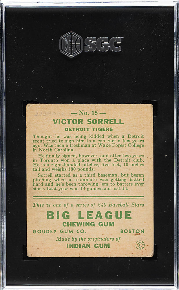 1933 R319 Goudey #15 Victor Sorrell SGC VG/EX 4