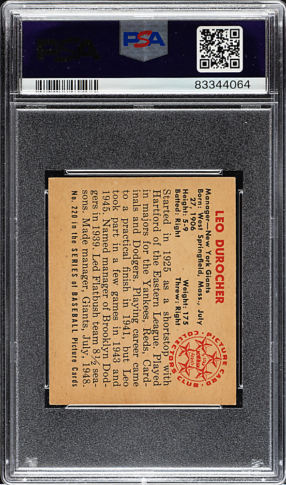 1950 Bowman #220 Leo Durocher No Copyright PSA EX-MT 6