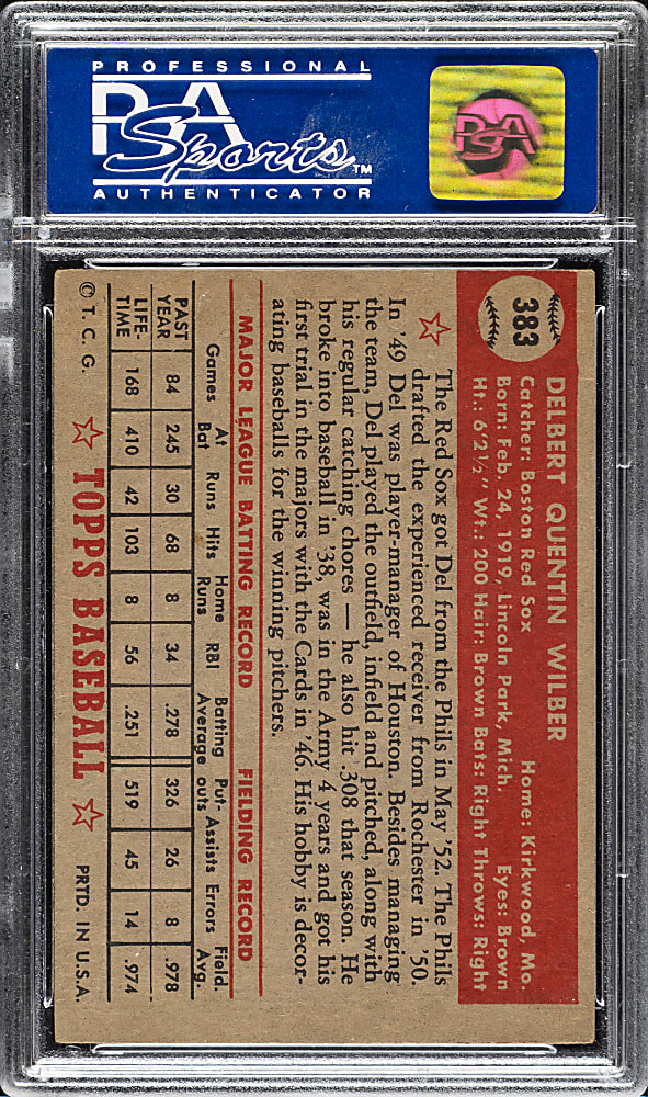 1952 Topps #383 Del Wilber High Number PSA EX 5