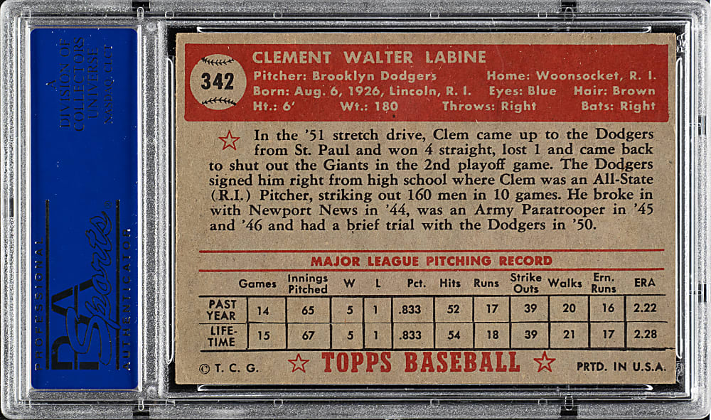 1952 Topps #342 Clem Labine High Number PSA VG-EX 4