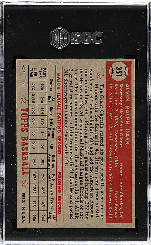 1952 Topps #351 Al Dark High Number SGC VG/EX 4