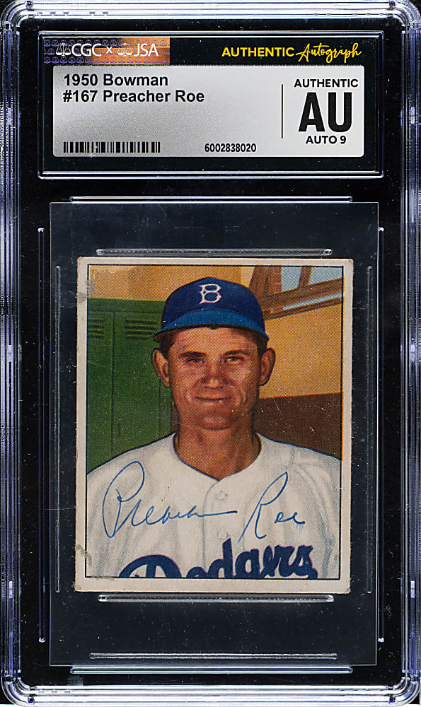 Signed 1950 Bowman #167 Preacher Roe CGC/JSA MINT 9