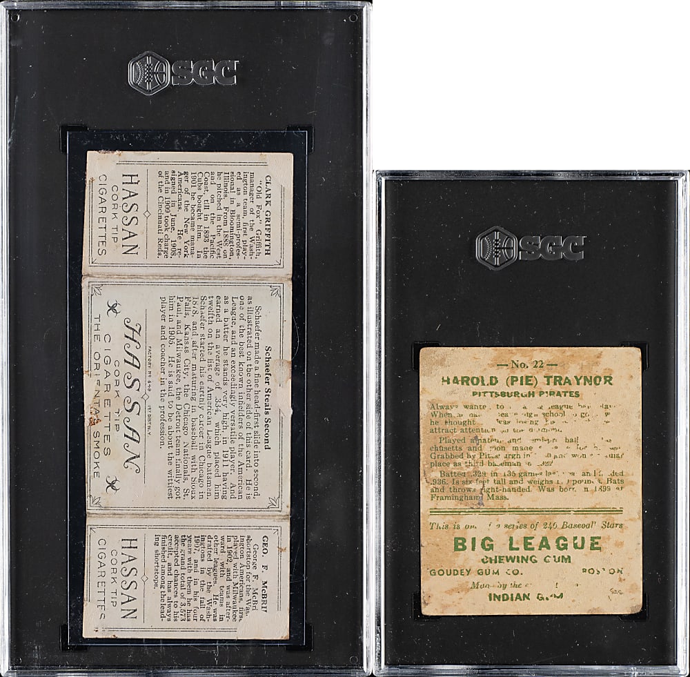 1912 and 1933 T202 Hassan Triple Folder and Goudey SGC Authentic Pair: Pie Traynor and Clark Griffith/McBride