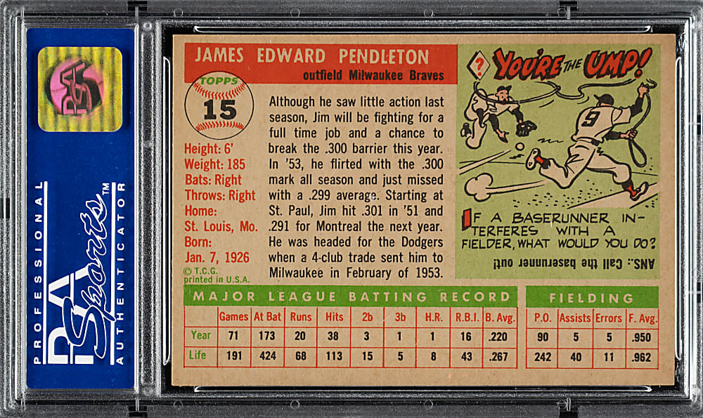 1955 Topps #15 Jim Pendleton PSA NM-MT 8