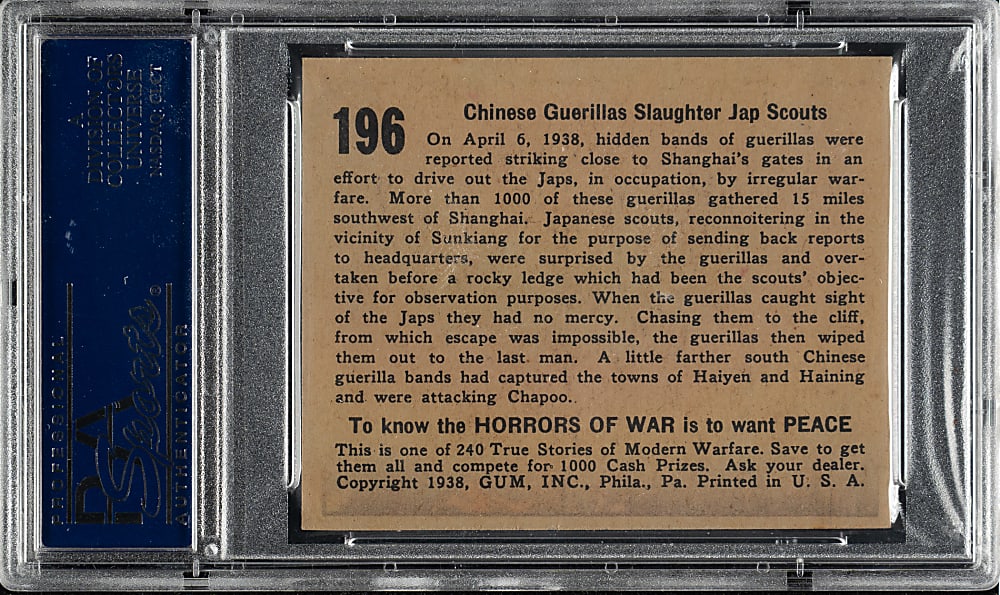 1938 R69 Gum, Inc. "Horrors of War" #196 Chinese Guerillas Slaughter Japanese Scouts PSA NM 7