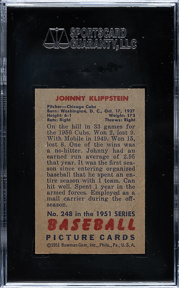 1951 Bowman #248 Johnny Klippstein SGC NM/MT 88