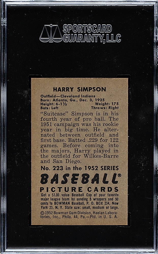 1952 Bowman #223 Harry Simpson Rookie SGC NM/MT+ 92