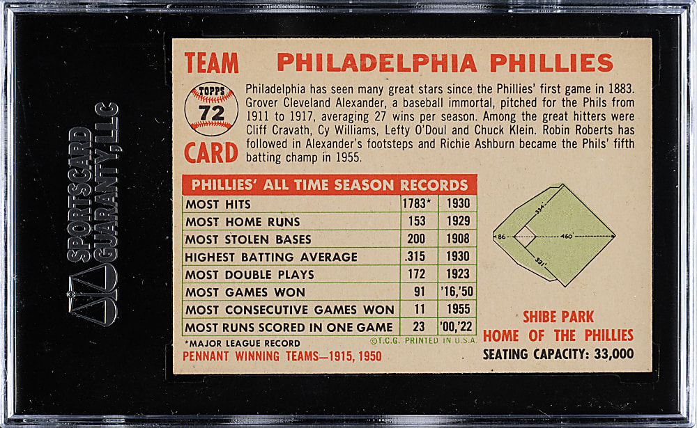 1956 Topps #72 Phillies Team With Date White Back SGC NM 84