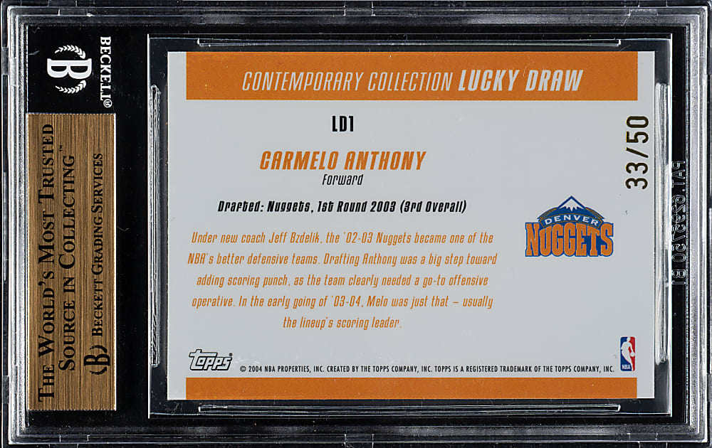 2003-2004 Topps Contemporary Collection Lucky Draw Basketball #LD1 Carmelo Anthony #33/50 BGS GEM MINT 9.5