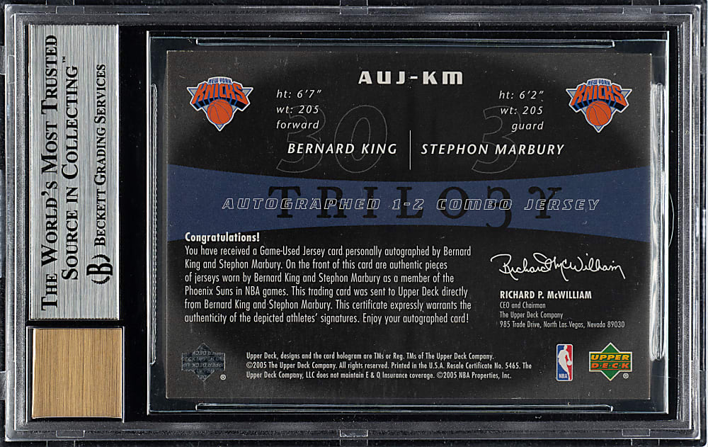 2004-2005 Upper Deck Trilogy One-Two Combo Jersey Autographs Basketball #AUJ-KM Bernard King/Marbury #2/10 BGS NM-MT+ 8.5 with GEM MINT 10 Signatures