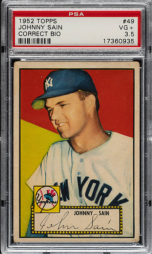 1952 Topps #49 Johnny Sain Correct Bio PSA VG+ 3.5