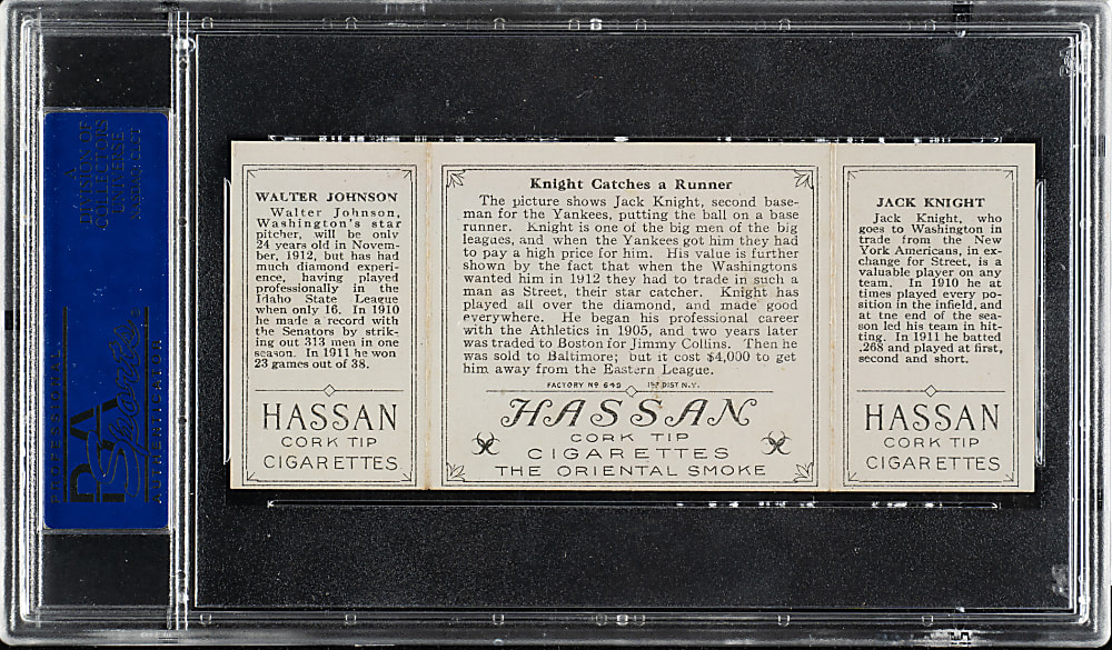1912 T202 Hassan Triple Folder "Knight Catches a Runner" Walter Johnson/Knight PSA EX-MT 6