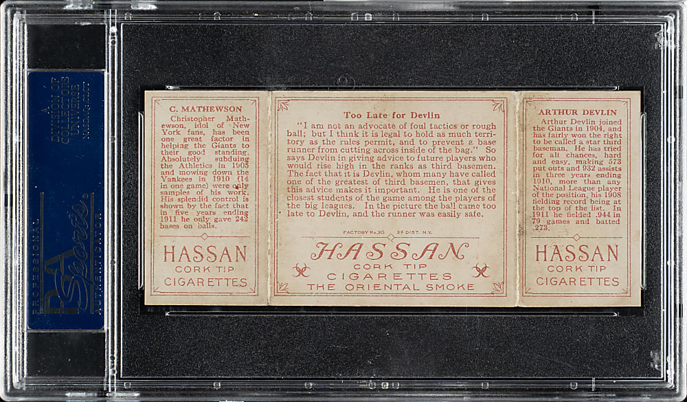 1912 T202 Hassan Triple Folder "Too Late for Devlin" Christy Mathewson/Devlin (Rustlers) PSA EX 5