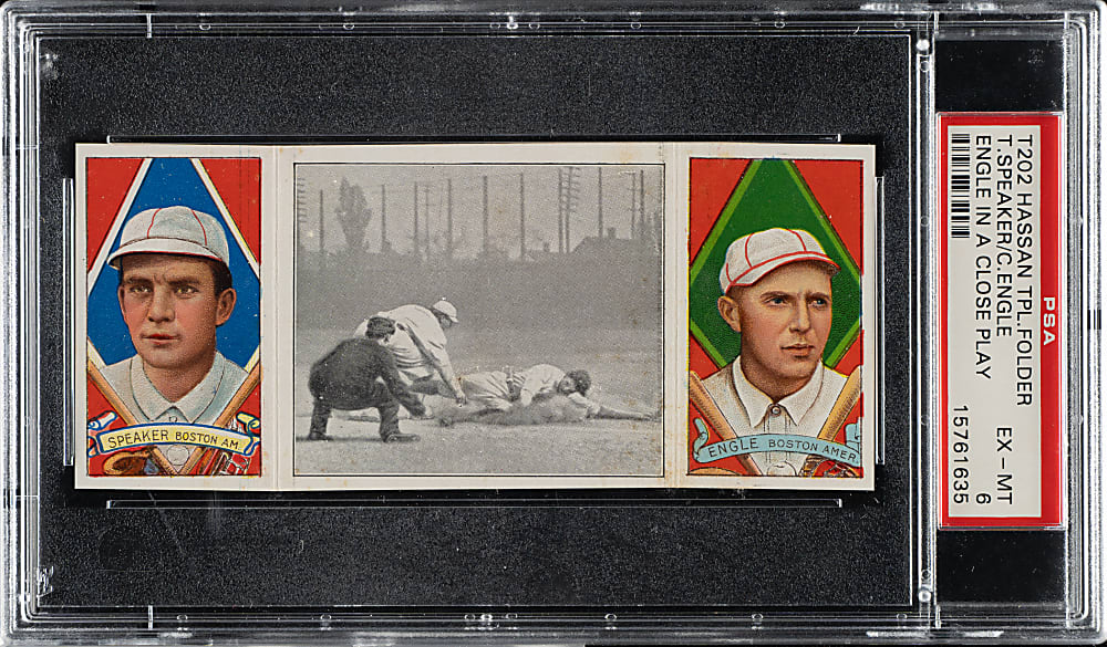 1912 T202 Hassan Triple Folder "Engle In A Close Play" Tris Speaker/Engle PSA EX-MT 6