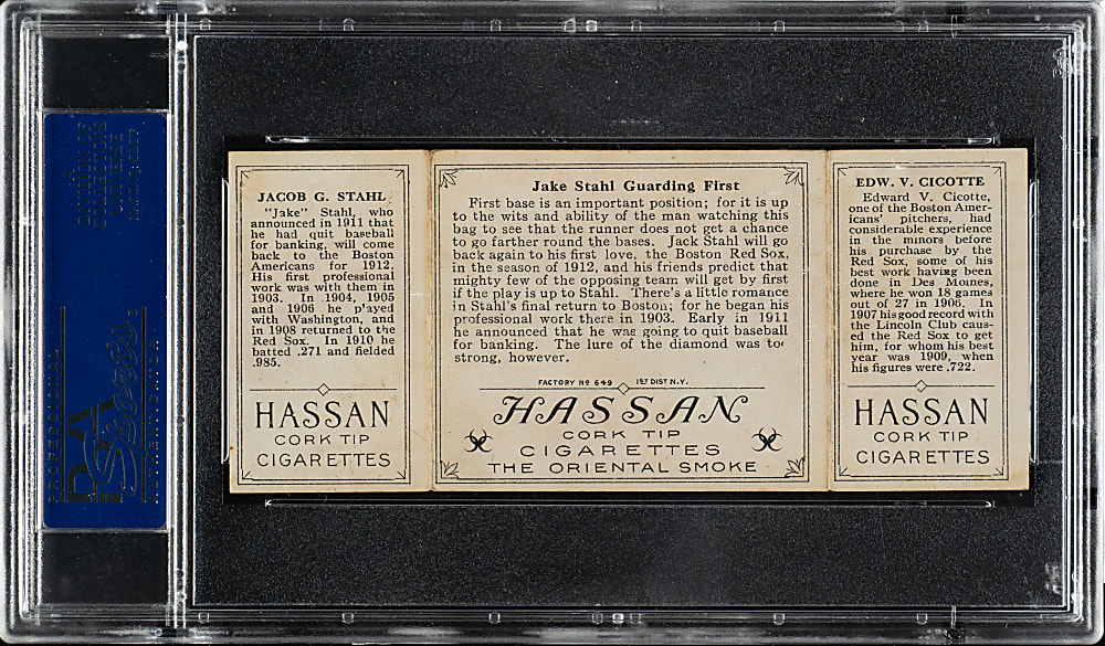 1912 T202 Hassan Triple Folder "Jake Stahl Guarding First" Cicotte/Stahl PSA EX-MT 6
