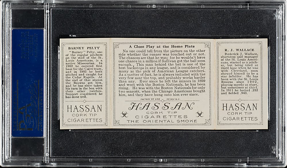 1912 T202 Hassan Triple Folder "A Close Play At Home" Bobby Wallace/Pelty PSA EX-MT 6