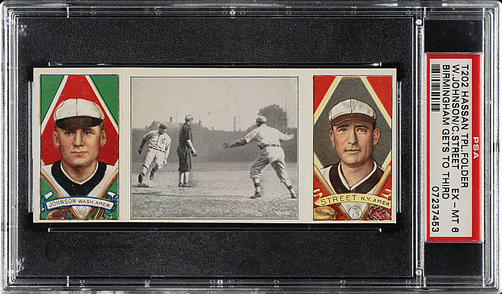 1912 T202 Hassan Triple Folder "Birmingham Gets To Third" Walter Johnson/Street PSA EX-MT 6