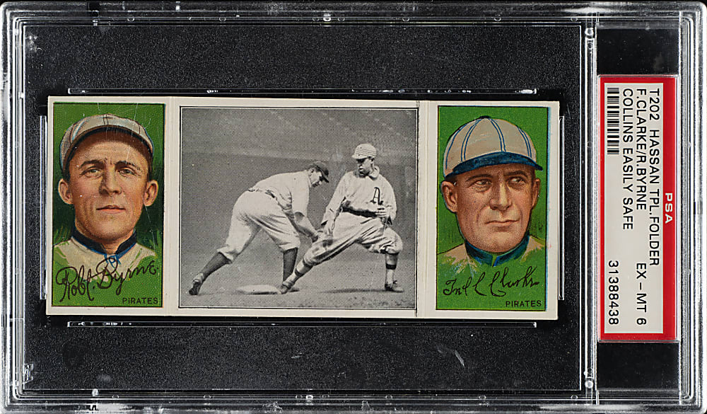 1912 T202 Hassan Triple Folder "Collins Easily Safe" Byrne/Fred Clarke PSA EX-MT 6