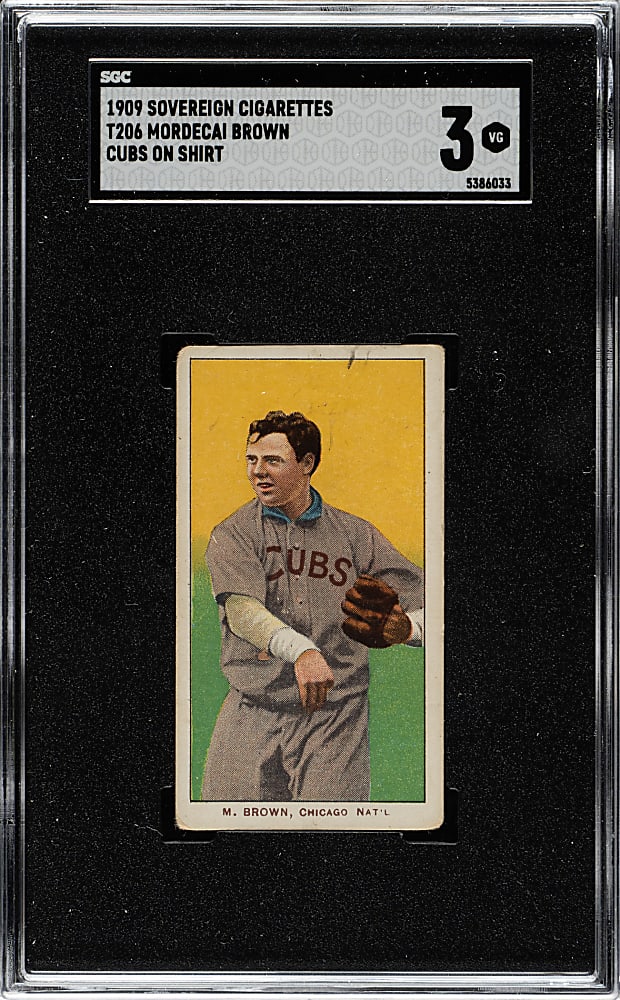 1909-1911 T206 White Border Mordecai Brown Cubs on Shirt SGC VG 3 - Sovereign 150 Back
