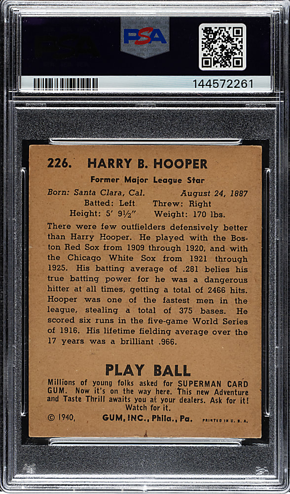 1940 R335 Play Ball #226 Harry Hooper PSA VG-EX+ 4.5