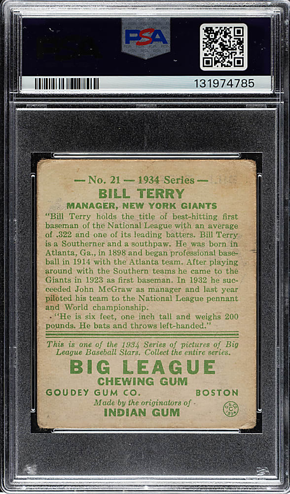 1934 R320 Goudey #21 Bill Terry PSA POOR 1