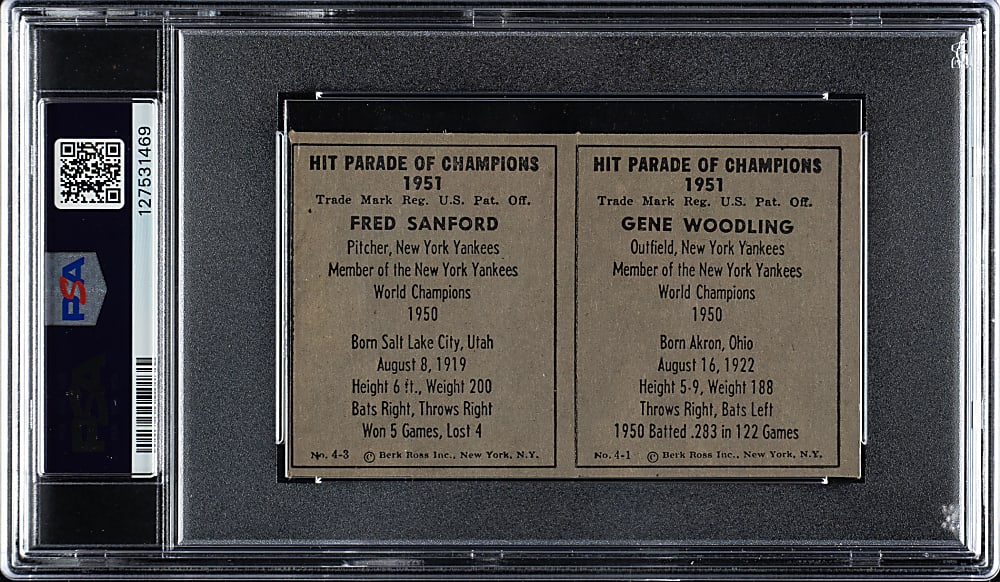 1951 Berk Ross #4-1/4-3 Woodling/Sanford Complete Panel PSA NM 7