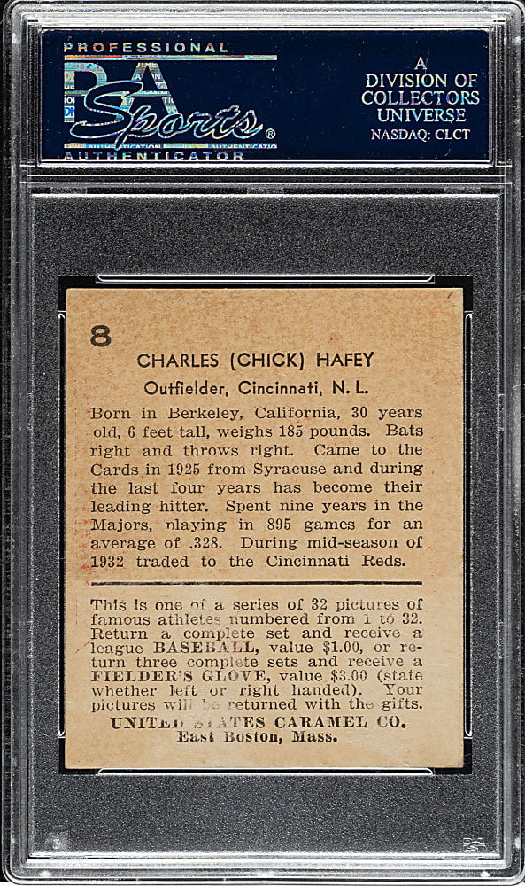 1932 R328 U.S. Caramel #8 Chick Hafey PSA VG 3