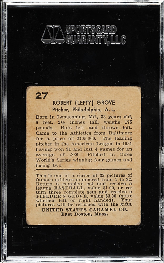 1932 R328 U.S. Caramel #27 Lefty Grove SGC GOOD 30