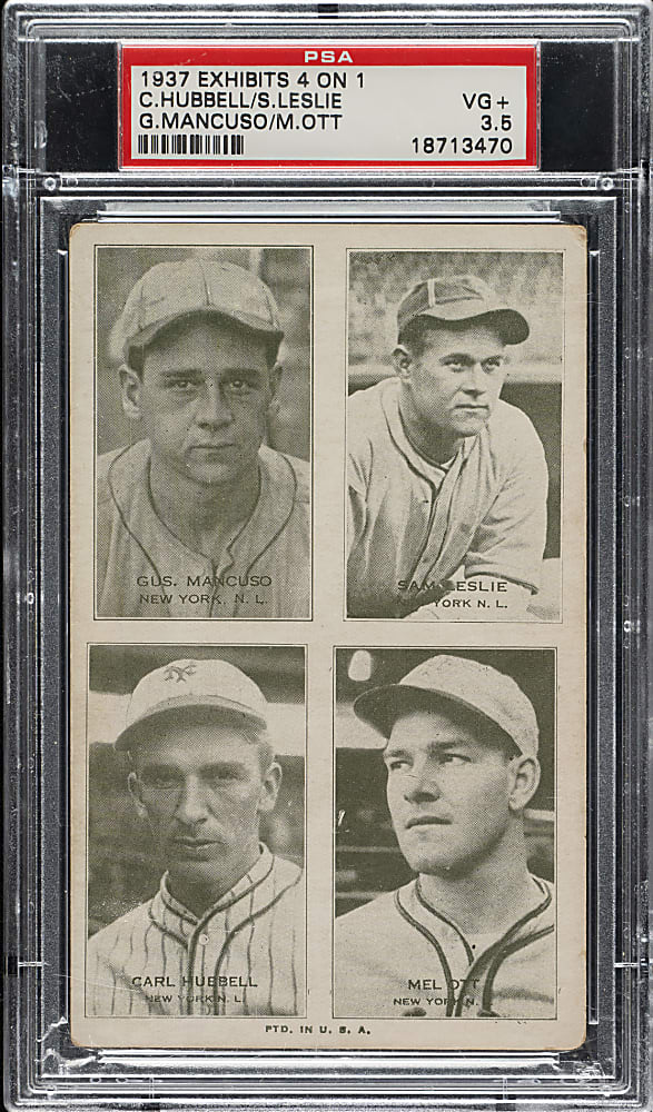 1937 Four-On-One Exhibits with Carl Hubbell, Sam Leslie, Gus Mancuso, and Mel Ott PSA VG+ 3.5