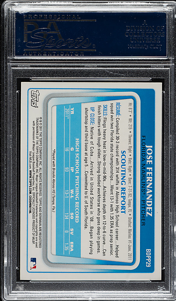 Signed 2011 Bowman Chrome Draft Prospect Autographs #BDPP29 Jose Fernandez - PSA/DNA