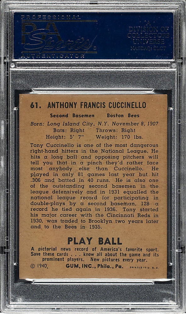 1940 R335 Play Ball #61 Tony Cuccinello PSA NM 7