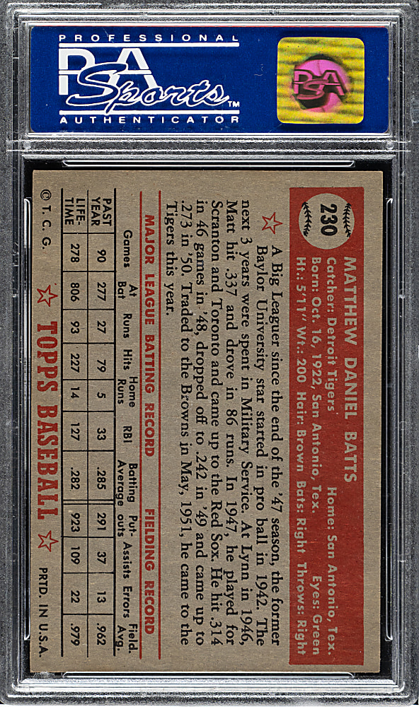 1952 Topps #230 Matt Batts PSA NM 7