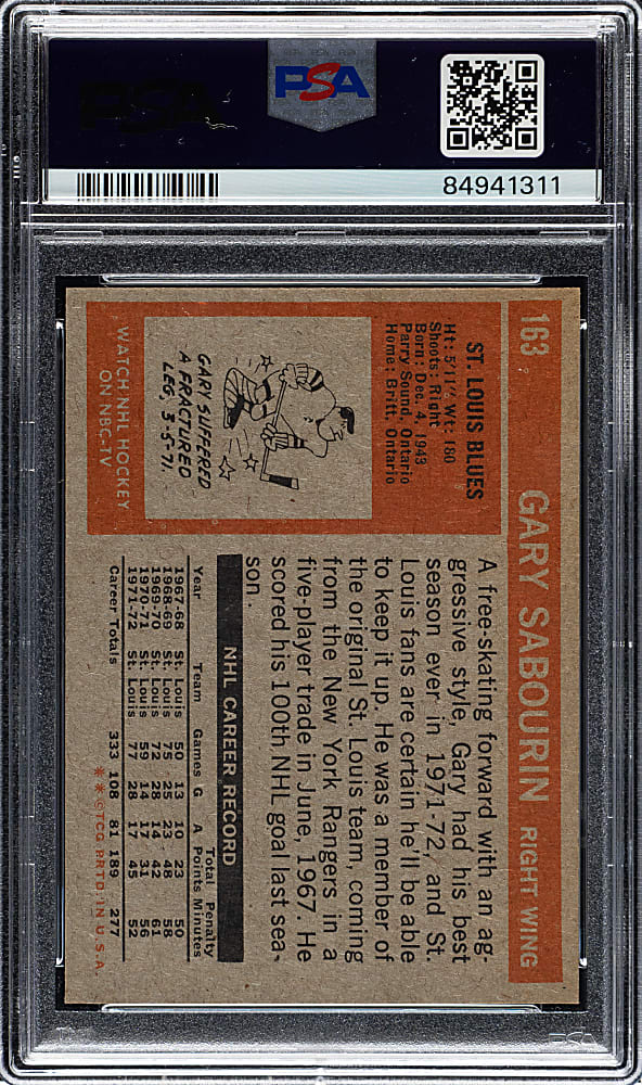 1972-1973 Topps Hockey #163 Gary Sabourin PSA GEM MINT 10