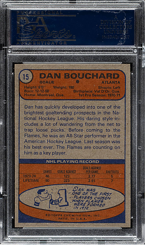 1974-1975 Topps Hockey #15 Dan Bouchard PSA NM-MT 8