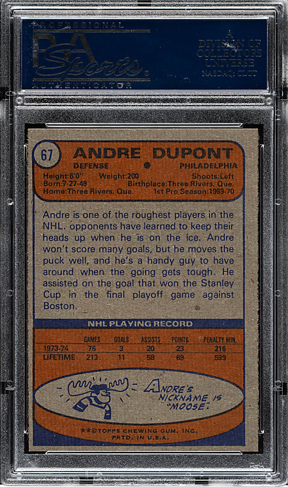 1974-1975 Topps Hockey #67 Andre Dupont PSA NM-MT 8