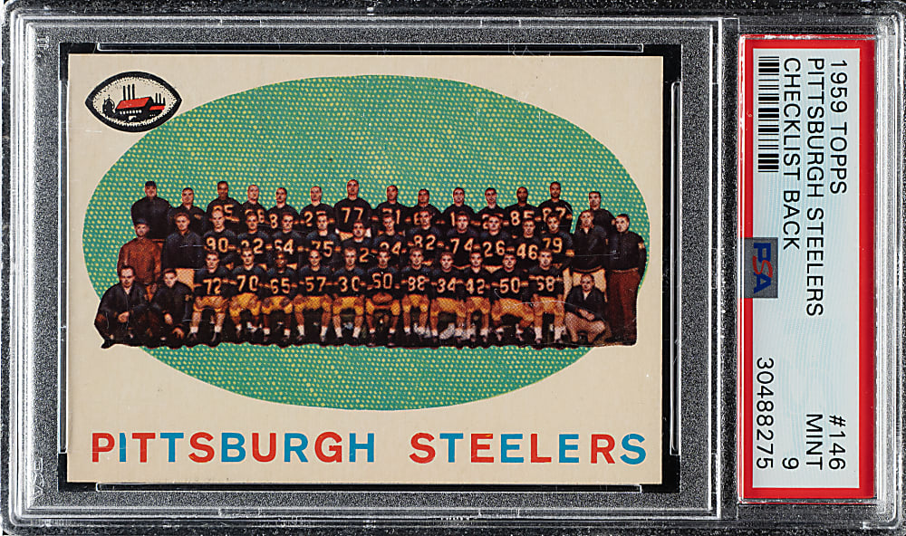 1959 Topps Football #146 Pittsburgh Steelers Team Checklist Back PSA MINT 9