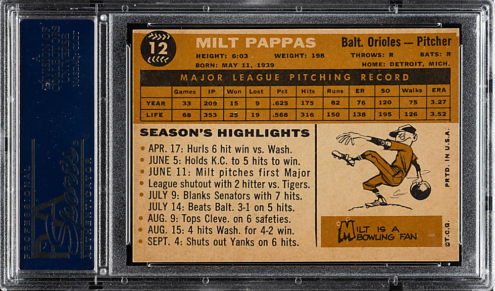 1960 Topps #12 Milt Pappas PSA NM-MT+ 8.5
