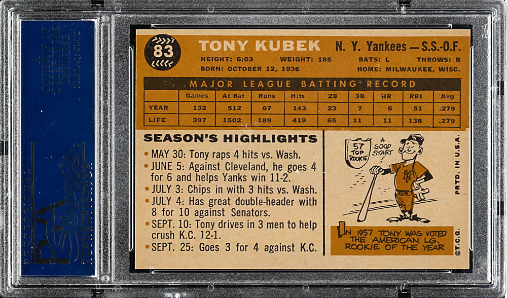 1960 Topps #83 Tony Kubek PSA NM-MT+ 8.5