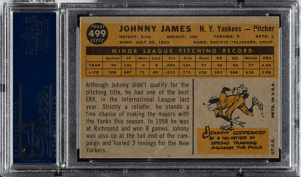 1960 Topps #499 Johnny James PSA NM-MT+ 8.5