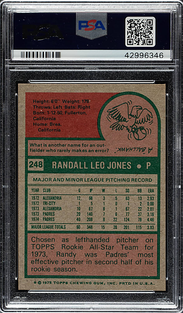 1975 Topps #248 Randy Jones PSA MINT 9
